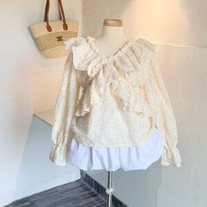 Ivory Lace Off Shoulder Blouse Bow Neck Romantic